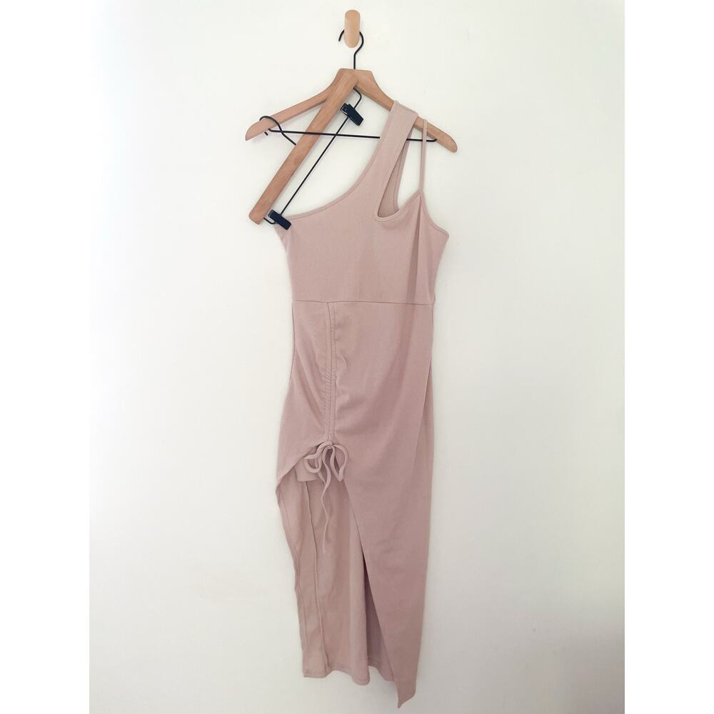 Cider One Shoulder Ruched Midi Dress Medium Beige Cocktail Party